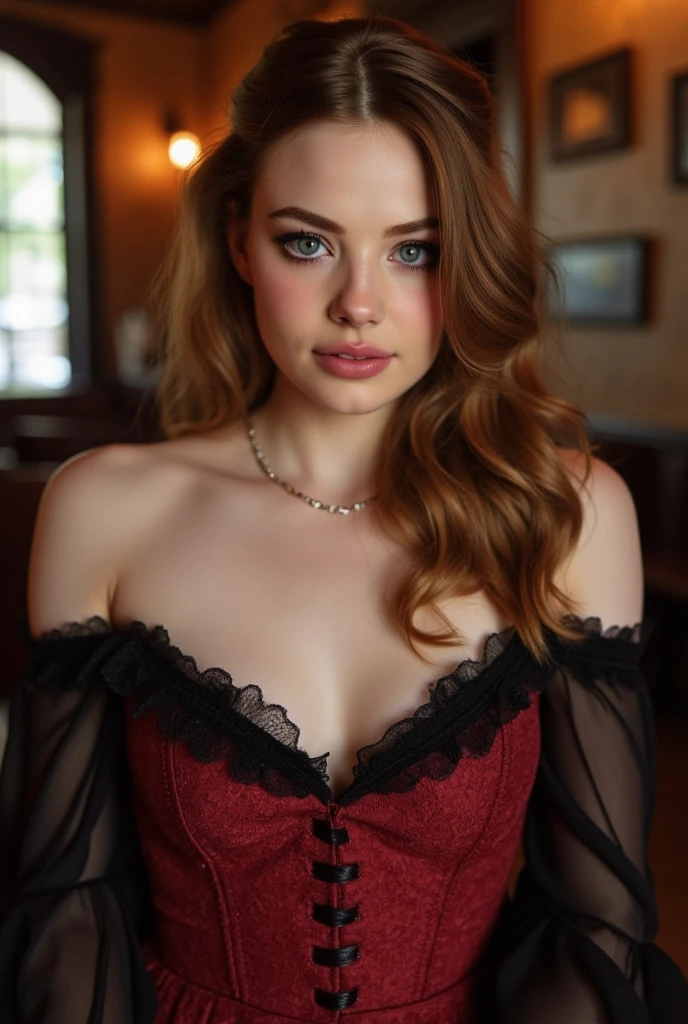 Slim tall athletic woman, age 25, 8k (High definition), looks like ElenaKoshkaQuiron, beautiful, blue big bug eyes, dressed as a prostitute in the old west, big 1800s style dress, 1800s style hairstyle, wavy thick brown hair, hair up, curvy, small perky breasts, old western saloon background