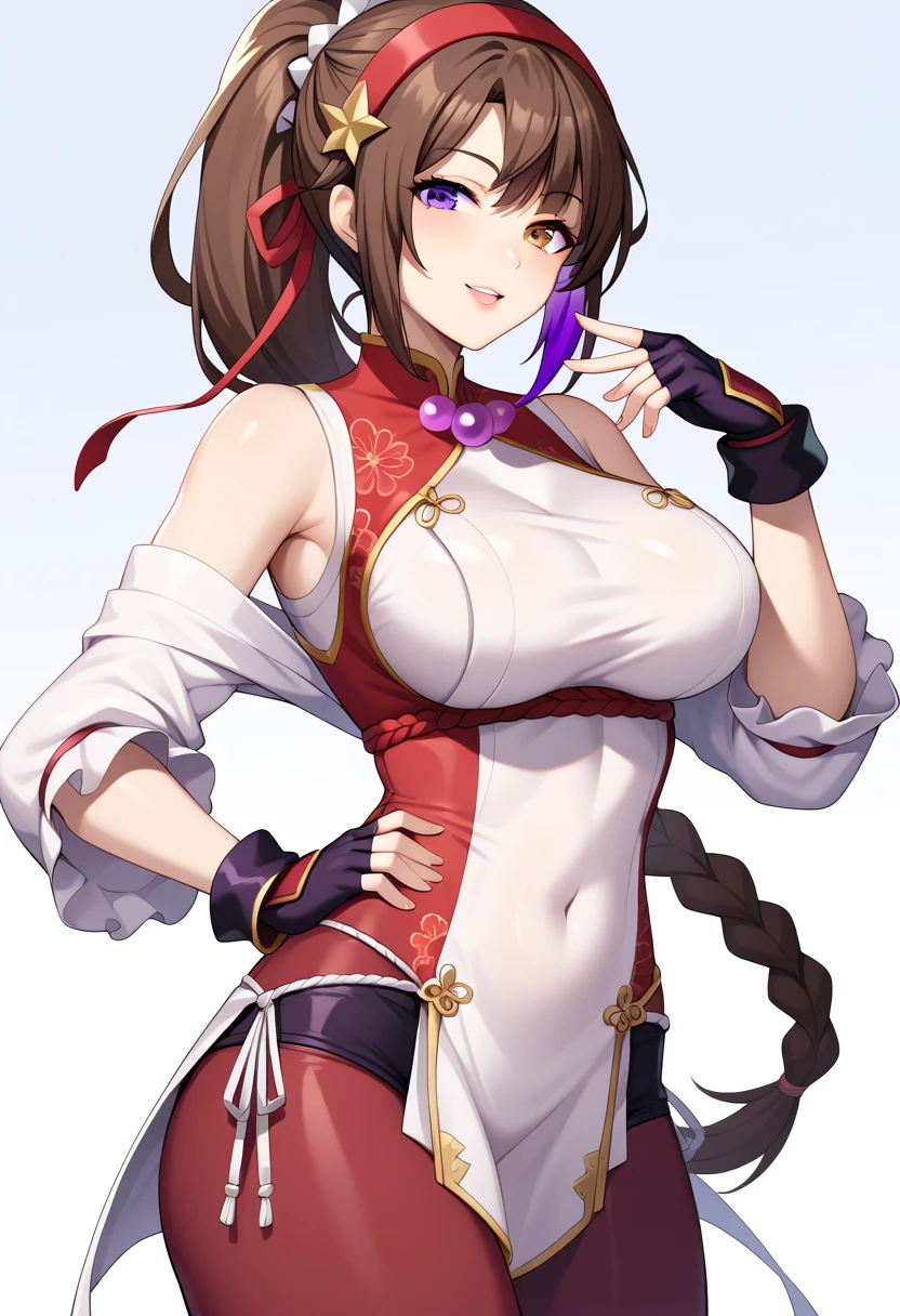 score_9_up, score_8_up, score_7_up,score_6_up, score_5_up, score_4_up , 1girl, solo, ((SPLIT-COLOR HAIR)), ((brown hair)), ((purple hair)), heterochromia, FLTMISHR, brown hair, high ponytail, large breasts,sleeveless, rope, japanese clothes, revealing clothes, pelvic curtain, AthnaKOFXV, purple hair, purple eyes, red hairband,pearl (gemstone), off-shoulder, white sleeves, fingerless gloves, short white china dress, ysakazaki, ((dougi)), ((spandex)), headband, fingerless gloves, brown hair, brown eyes, single braid,, playful, sassy, seductive pose, cowboy shot, simple background