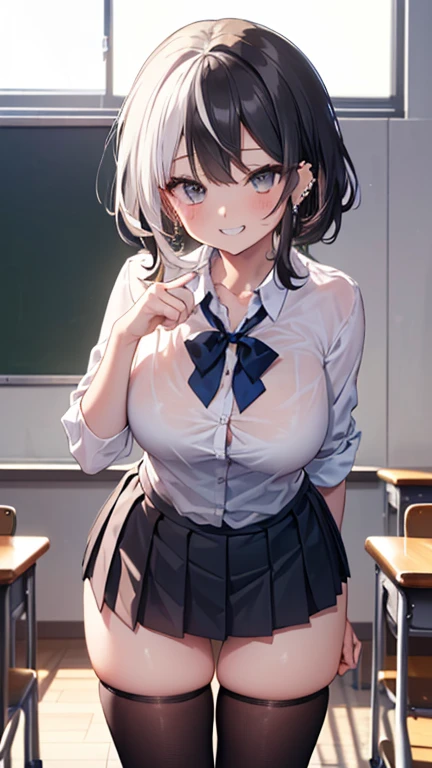 mastute piece,Best Quality,insanely detailed,8k cg,nsfw,
(shoot upper body:1.3),
(1girls:1.3),standing,looking at viewr,body in front,both arms behind back,(gentlemen、lady's-suit,miniskirt,bare breasts:1.4,bare crotch:1.4),
break,
blush,shy,(trembling:1.2),(Silver Hair),Medium-long hair、
break,
perfect breasts,perfect teats,(open mouth:0.9),(large breasts:1.3),
(classroom)、