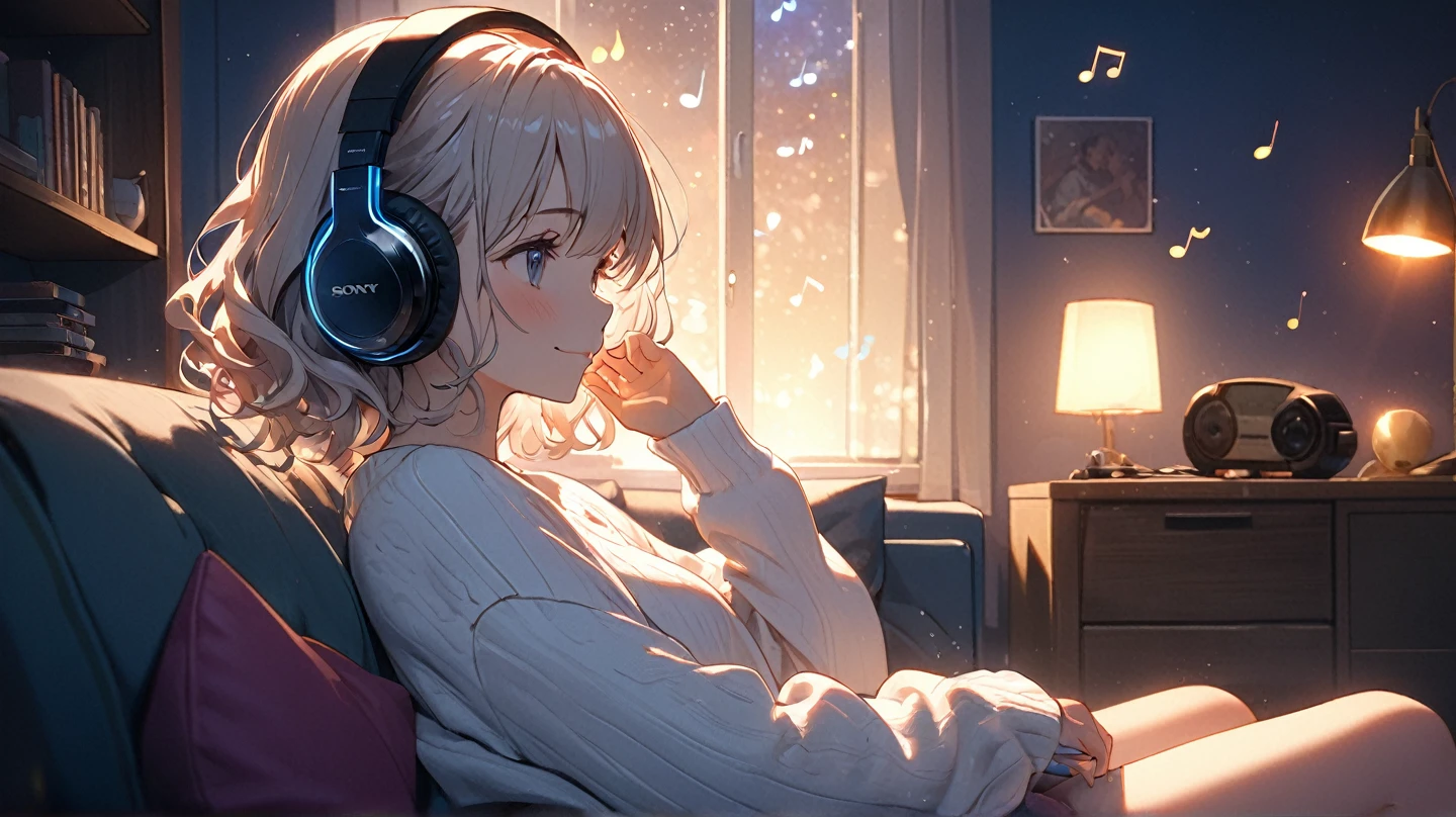 (masterpiece: 1.3,  highest resolution,  top quality , 8k,  depth of field , 8k,  Very Delicate Illustration ,  PERFECT DETAIL),  perfect lighting, ( Very Cute Single Girl ),Side View, Lightly wavy hair, Alone, Girl listening to music in her room at home,  Rembrandt,  detailed body , white sweater,  happy expression, (Sit on the sofa:1.1,),   Neon Glare Around Her Headphones  , SONY MDR-CD900ST, Delicate hands,  Surrounding Her There Are Colorful Musical Note Marks ,  night sky light shining through a window ,  Night Light Illuminated Room , 