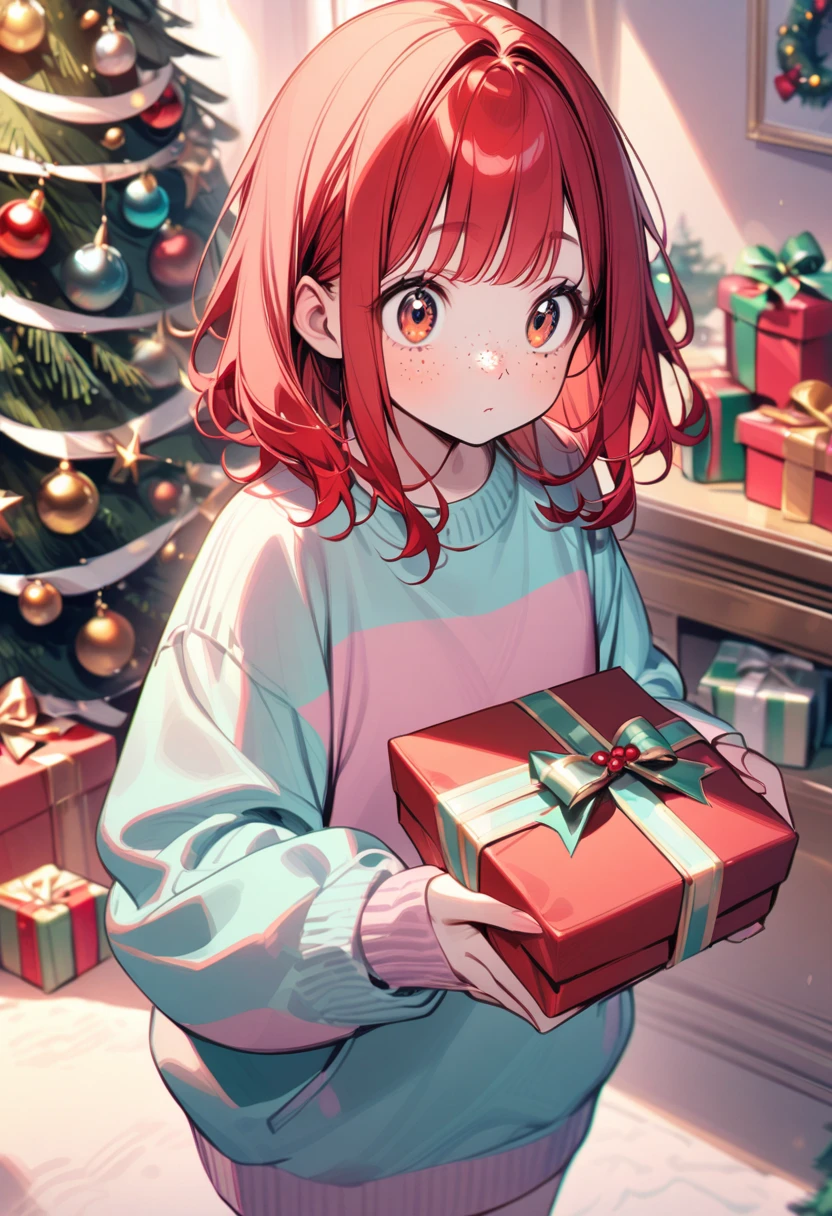 young girl(red hair, freckles, big eyes), she is standing near x-mas tree, sweater, indoors, she is holding giftbox, cute colors, pastel colors,