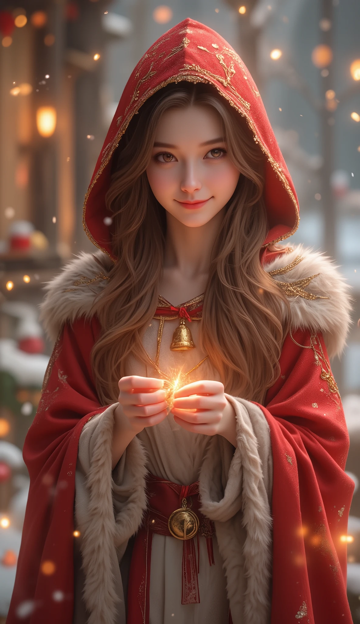a beautiful and charming young woman wearing a luxurious red cloak with white fur trim, adorned with small golden bells that softly jingle, her radiant smile exudes warmth and joy, silky straight hair cascading beneath her hood, surrounded by a magical Christmas-themed winter landscape, softly falling snowflakes, glittering Christmas lights and ornaments, a glowing festive tree in the background, her hands holding a small golden bell tied with a red ribbon, warm golden and red lighting effects reflecting off the snow, subtle glowing mist around her, delicate and dynamic composition, ultra-detailed textures, high-resolution, realistic and magical, festive and cheerful atmosphere
