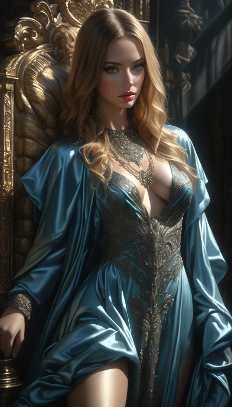  a beautiful woman ,  elegant silk satin dress ,  intricate jewelry ,  detailed facial features ,  eye-catching poses , opulent background , dramatic lighting, Oil painting, cinematic, hyper realistic , ( best quality,4K,8k, highres icon, masterpiece:1.2), ultra detailed,( realistic ,photo realistic ,photo- realistic :1.37),Exquisit,dramatic,Chiaroscuro,cinematic composition,artfully,extravagant,opulent,  a blonde and a brunette hair bravely naughty 2 girls in aquamarine blue satin metal robe,very long legs, Splayed legs, Focus pussyline ,  beautiful detailed eyes ,  beautiful detailed lips ,  extremely detailed eyes and face , Long eyelashes, Metal bar ,  metal cuffs around wrists and neck , dark fantasy, cinematic lighting, dramatic shadows,  gloomy colors , Chiaroscuro, dramatic atmosphere, dark gothic, ( best quality,4K,8k, highres icon, masterpiece:1.2), ultra detailed,( realistic ,photo realistic ,photo- realistic :1.37)