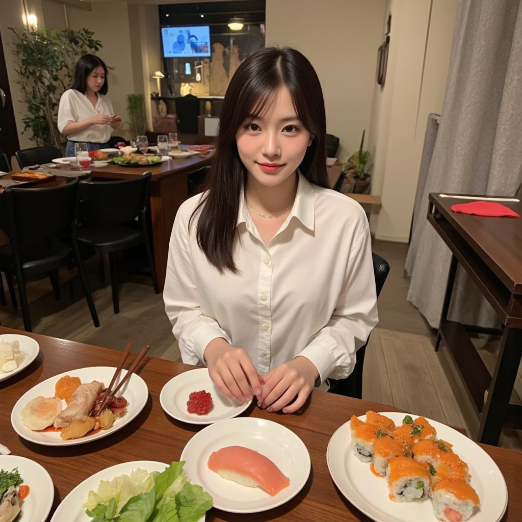 woman sitting at a table with plates of sushi and other food, Chiho, Harumi, sakimi-chan, shikamimi, sakimichan,  Shiori Teshirogi,  narumi kakinouchi , shinsui ito, Yoshitomo Nara, ayamin to whom, Aoi Ogata, Junko Enoshima, beautiful faces, asian house party