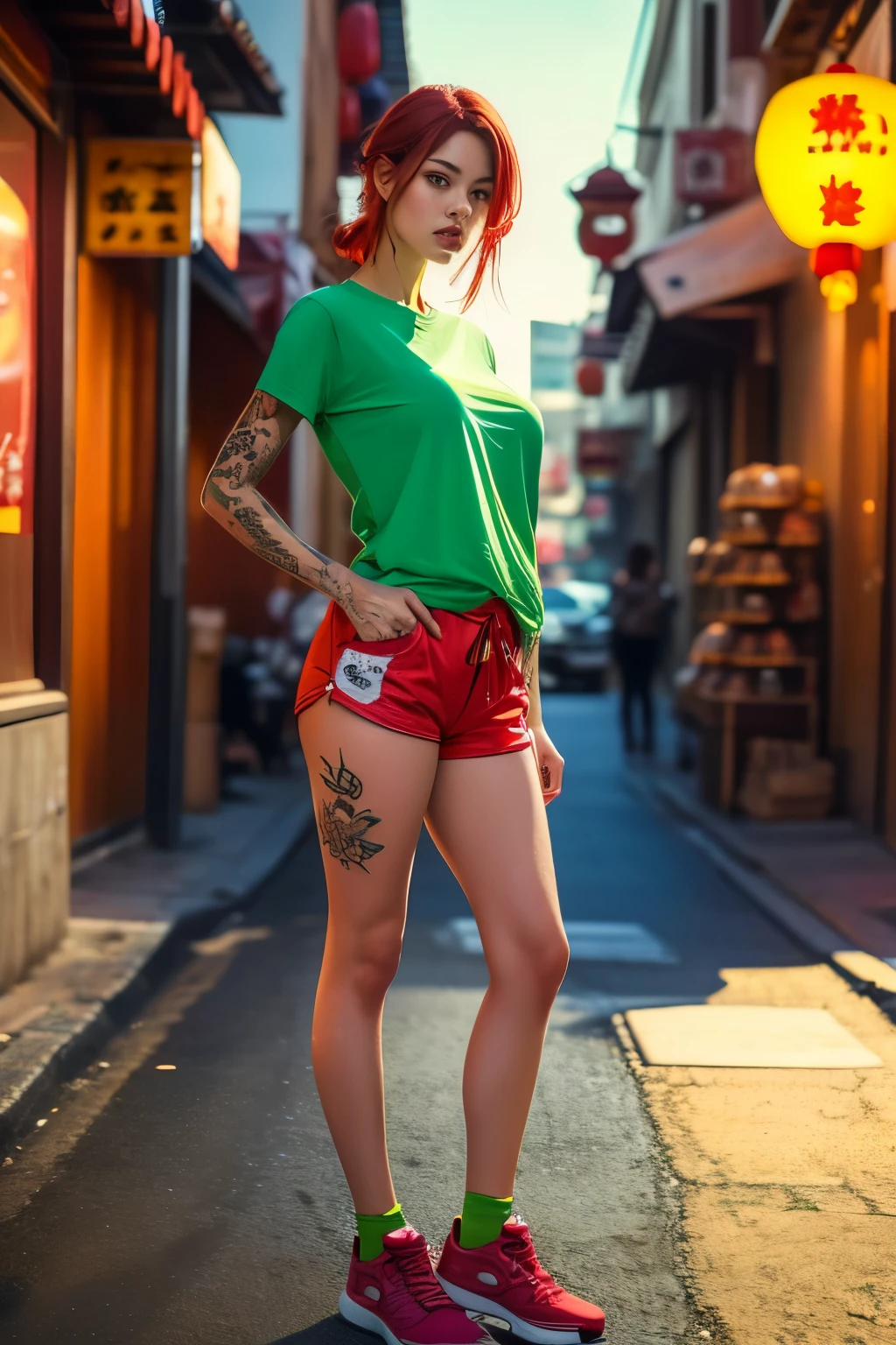 Create a picture of a girl with red red hair and green eyes.  She has beautiful tattooed skin .  She is wearing shorts and a t-shirt , has medium-sized breasts .  The girl is standing in Chinatown .  The image must be in 8K ,  hyper detailed and highly realistic ,  to make a true masterpiece .