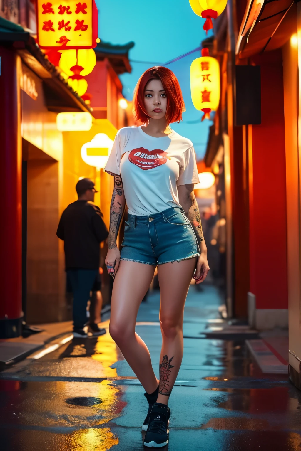 Create a picture of a girl with red red hair and green eyes.  She has beautiful tattooed skin .  She is wearing shorts and a t-shirt , has medium-sized breasts .  The girl is standing in Chinatown .  The image must be in 8K ,  hyper detailed and highly realistic ,  to make a true masterpiece .