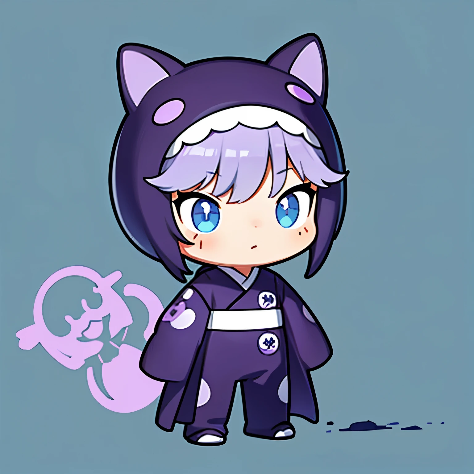  small mascot character artwork ,  boy in purple ninja cosplay, Clumsy character ,