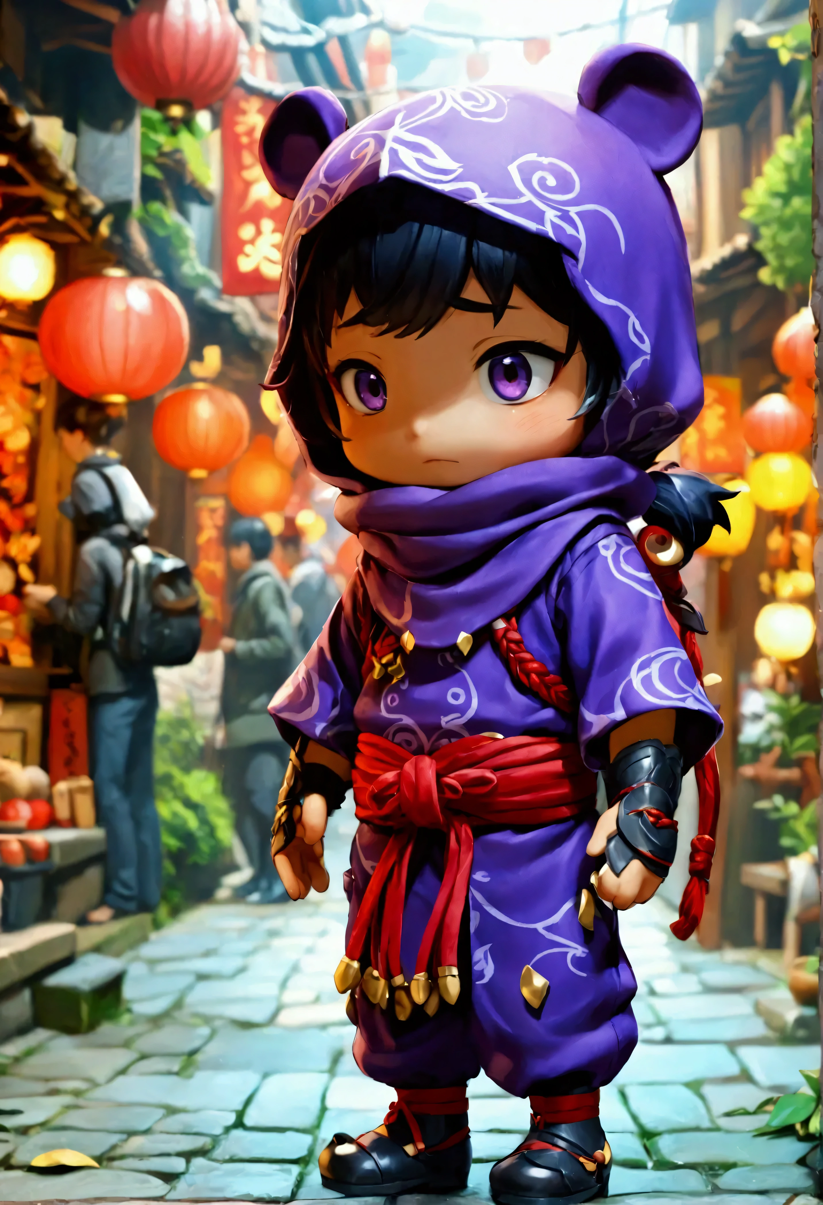  small mascot character artwork ,  boy in purple ninja cosplay, Clumsy character ,  they try to hide their appearance with ninjutsu and fail,  they're excited and can't hide their sigh , Passers-by find out my identity and I'm surprised。