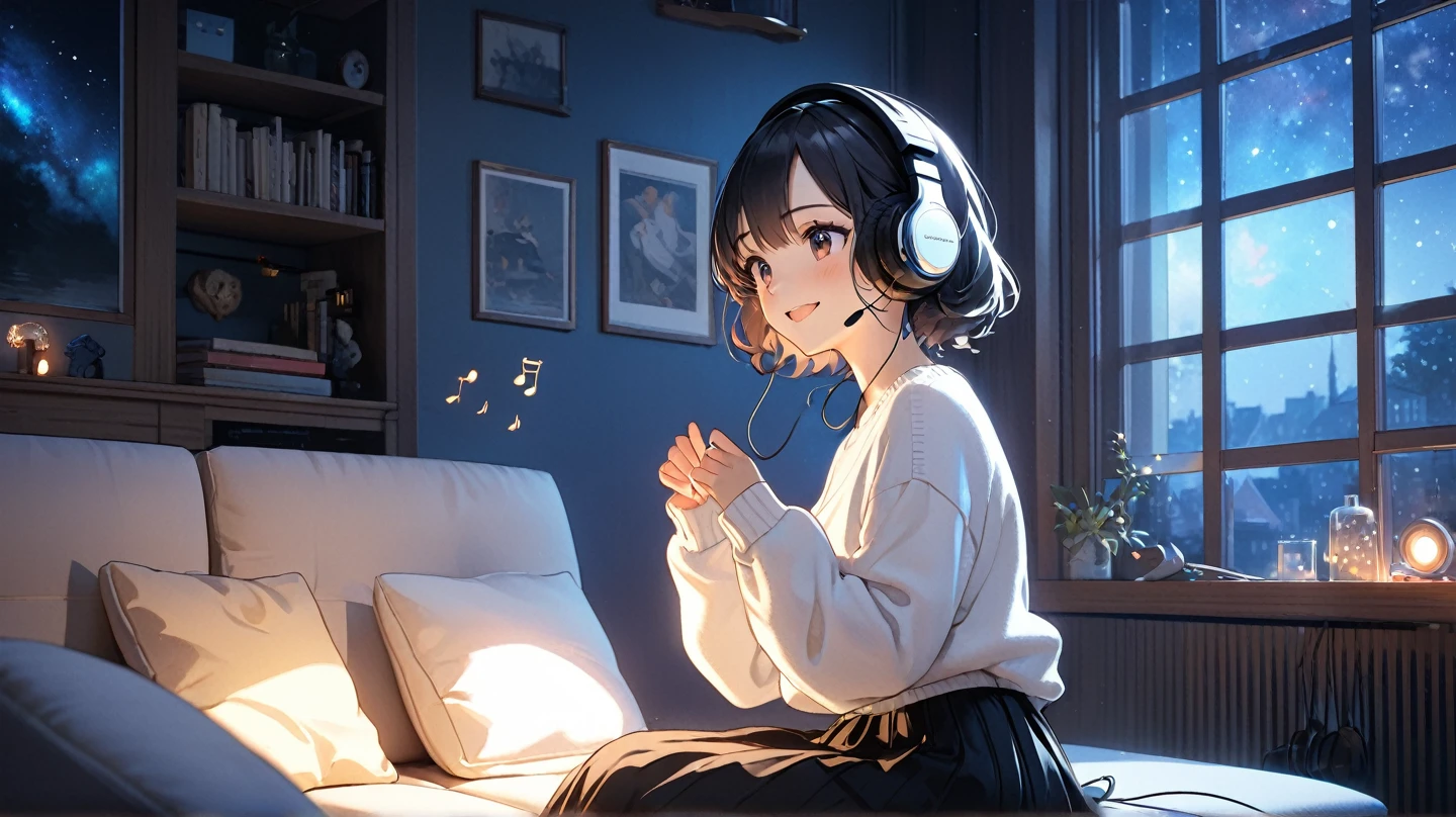 (masterpiece: 1.3,  highest resolution,  top quality , 8k,  depth of field , 8k,  Very Delicate Illustration ,  PERFECT DETAIL),  perfect lighting, ( one very cute girl ),Side View, Lightly wavy black hair , Alone,  girl listening to music in her room at home,  Rembrandt,  detailed body , white sweater,  black long skirt,  happy expression, (Sit on the sofa:1.1,),   is headphones , SONY MDR-CD900ST, Delicate hands,  colorful musical note marks around her ,  night sky light shining through a window ,  a room illuminated by night lights , 