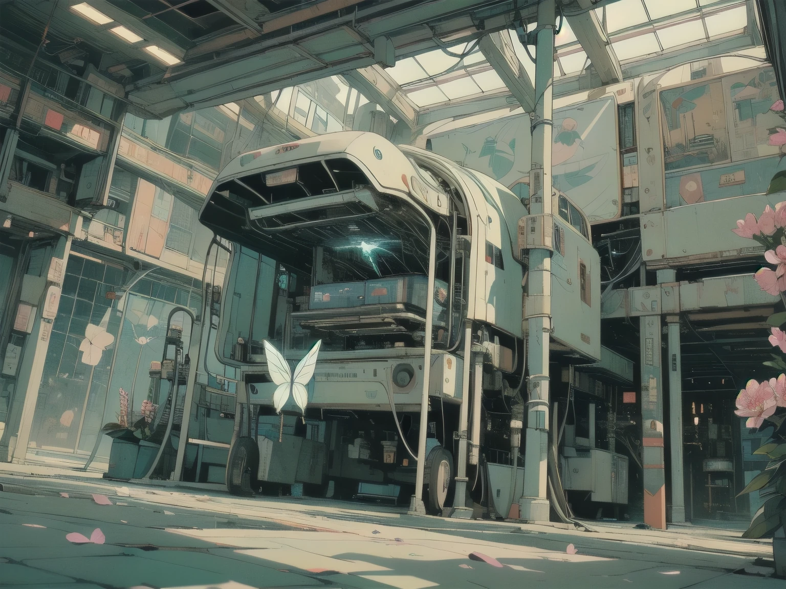(((shoot from below))), (((masterpiece, Highest quality)))、(((32K Wallpapers)))、The most detailed machine、(((The most complete and detailed futuristic machine)))、The most detailed background、(((No humans)))、(((Surrounded by many complex, sophisticated, futuristic machines)))、((((more various angle))))、((Overall colorfully))、A perfect machine、(((The most complete machine of the future)))、Gorgeous light leaks、(((Lots of white butterflies)))、(((White Flower)))、とても美しい、(((SECRET BASE CAMP)))