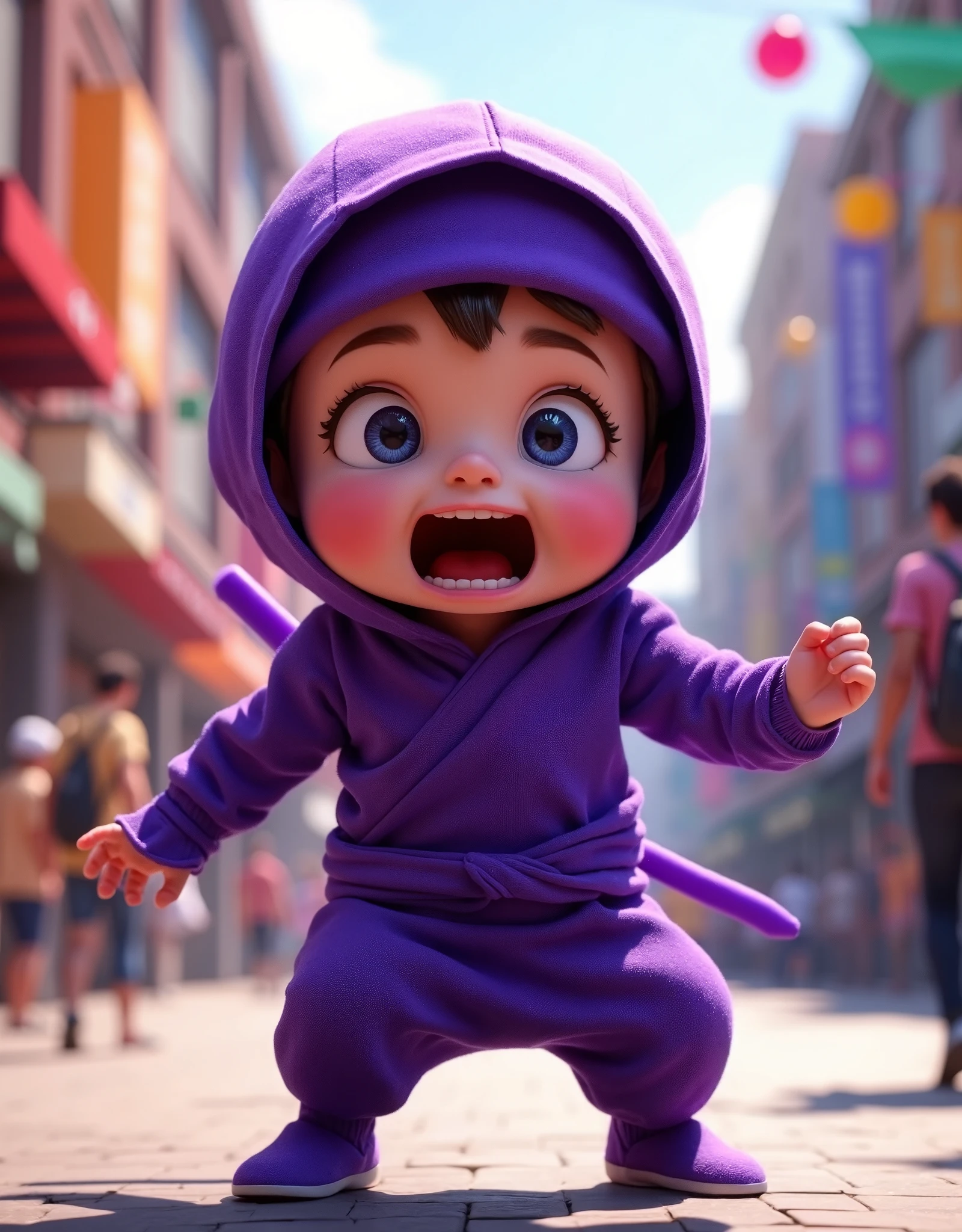 1 small cute ninja boy mascot character, purple ninja costume, clumsy character, failed ninja stealth attempt, excited heavy breathing, accidentally revealed to passersby, (best quality,4k,8k,highres,masterpiece:1.2),ultra-detailed,(realistic,photorealistic,photo-realistic:1.37),intricate details, vibrant colors, dynamic composition, cinematic lighting, fantasy art style, whimsical, humorous, playful expression