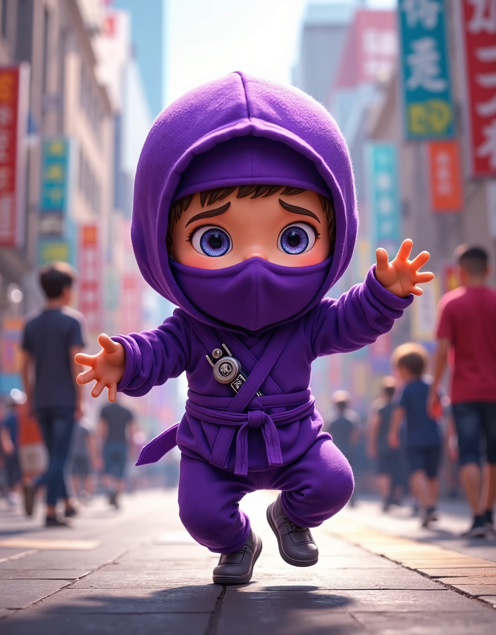  small mascot character artwork ,  boy in purple ninja cosplay, Clumsy character ,  they try to hide their appearance with ninjutsu and fail,  they're excited and can't hide their sigh , Passers-by find out my identity and I'm surprised。