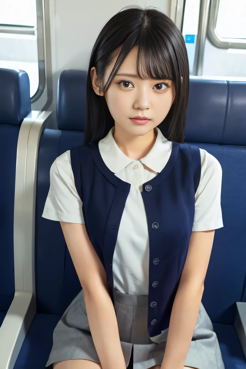 (Japanese Beauty  ),(   beautiful faces 、１８age、  beautiful big eyes),( slender 、Thin legs、Woman with curvaceous figure ),　 College Student 、(  Japanese high school uniform  、Grey vest、 white short sleeve blouse、 gray miniskirt with slightly longer hair)  、  inside the tram、 sitting in a train seat 、((  sexy))、((  highlight the chest))  、(((   embarrassing )))、((8k,   high detail 、 masterpiece、 high  quality))、