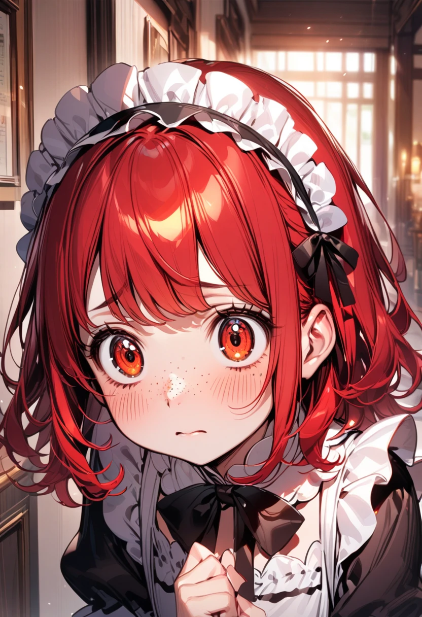 young girl(red hair, freckles, big eyes), maid uniform, maid headdress, indoors, shy