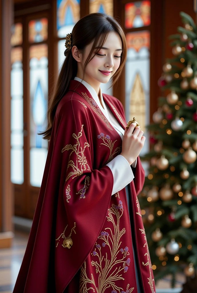 A beautiful Asian woman dressed in a deep wine-red cloak with intricate patterns of mystical plants and deep blue flowers, its hem adorned with golden embroidery, stands in a grand room with high ceilings and stunning stained glass windows. Beneath the cloak, she wears an elegant white dress shirt. She smiles gently while holding a small golden bell in one hand, softly ringing it. In the background, on the right side of the scene, a beautifully decorated Christmas tree adds a festive atmosphere.