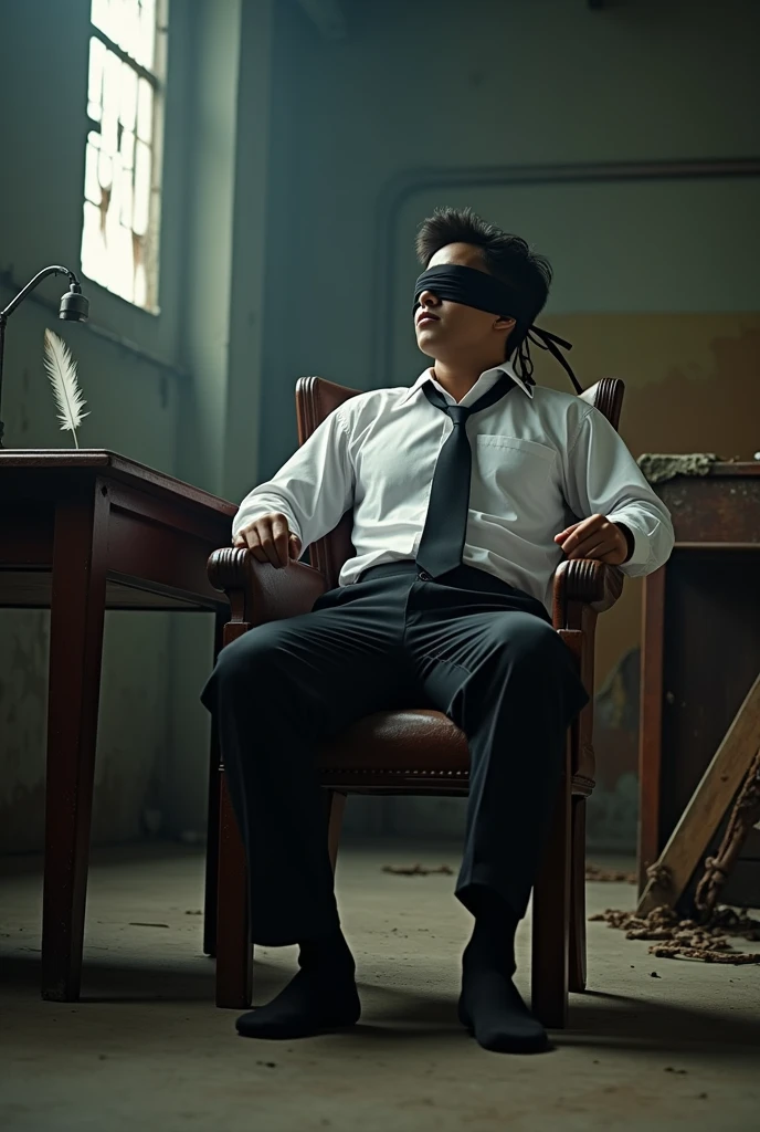 There is a handsome most handsome mafia from Malaysia named Khairul hands,legs with black loafer shoe ,black socks tied with ropes to the chair and eyes covered with cloth at the old warehouse
The kiddnaper remove Khairuls shoes and tickled Khairuls feet with feather duster