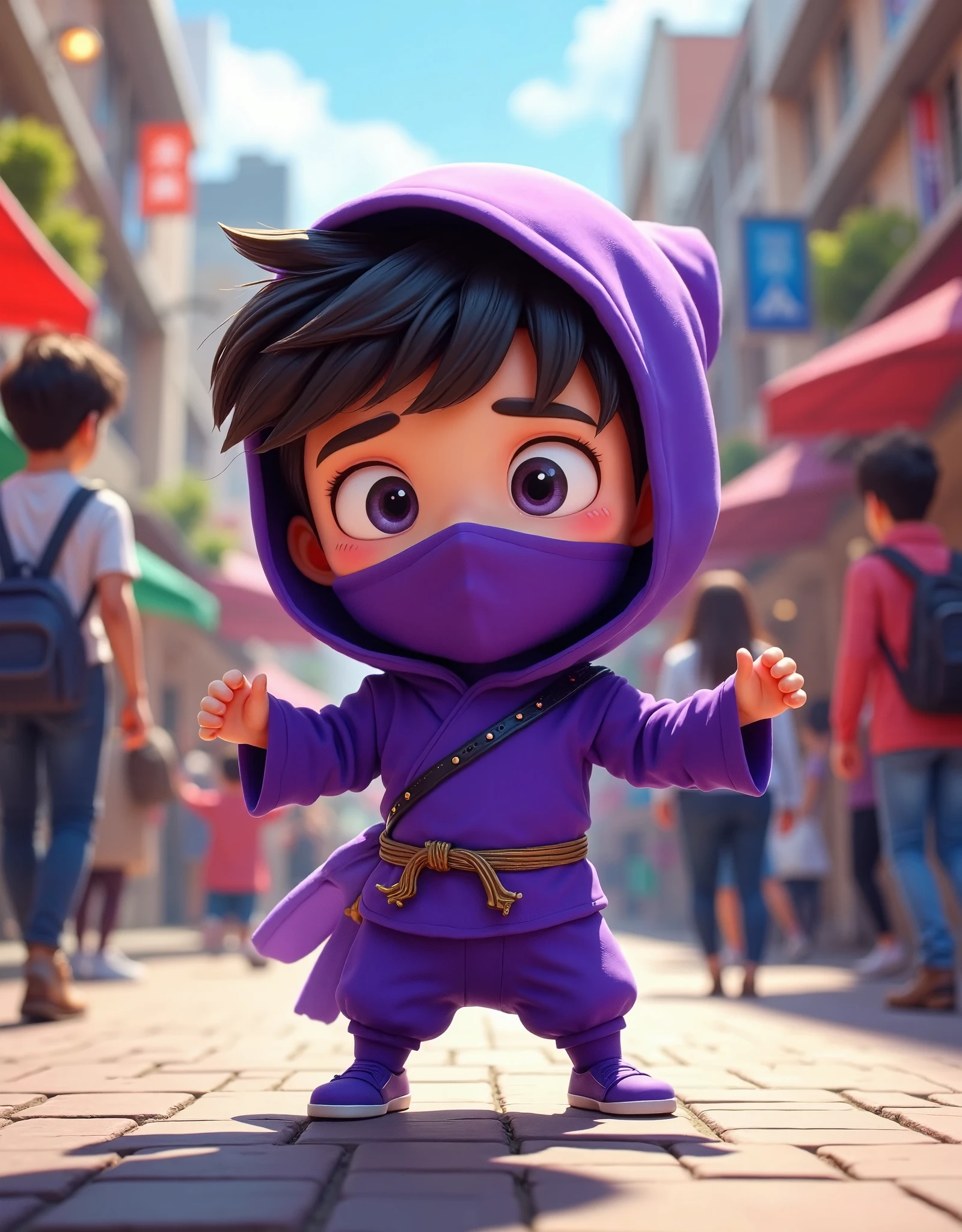  small mascot character artwork ,  boy in purple ninja cosplay, Clumsy character ,  they try to hide their appearance with ninjutsu and fail,  they're excited and can't hide their sigh , Passers-by find out my identity and I'm surprised。