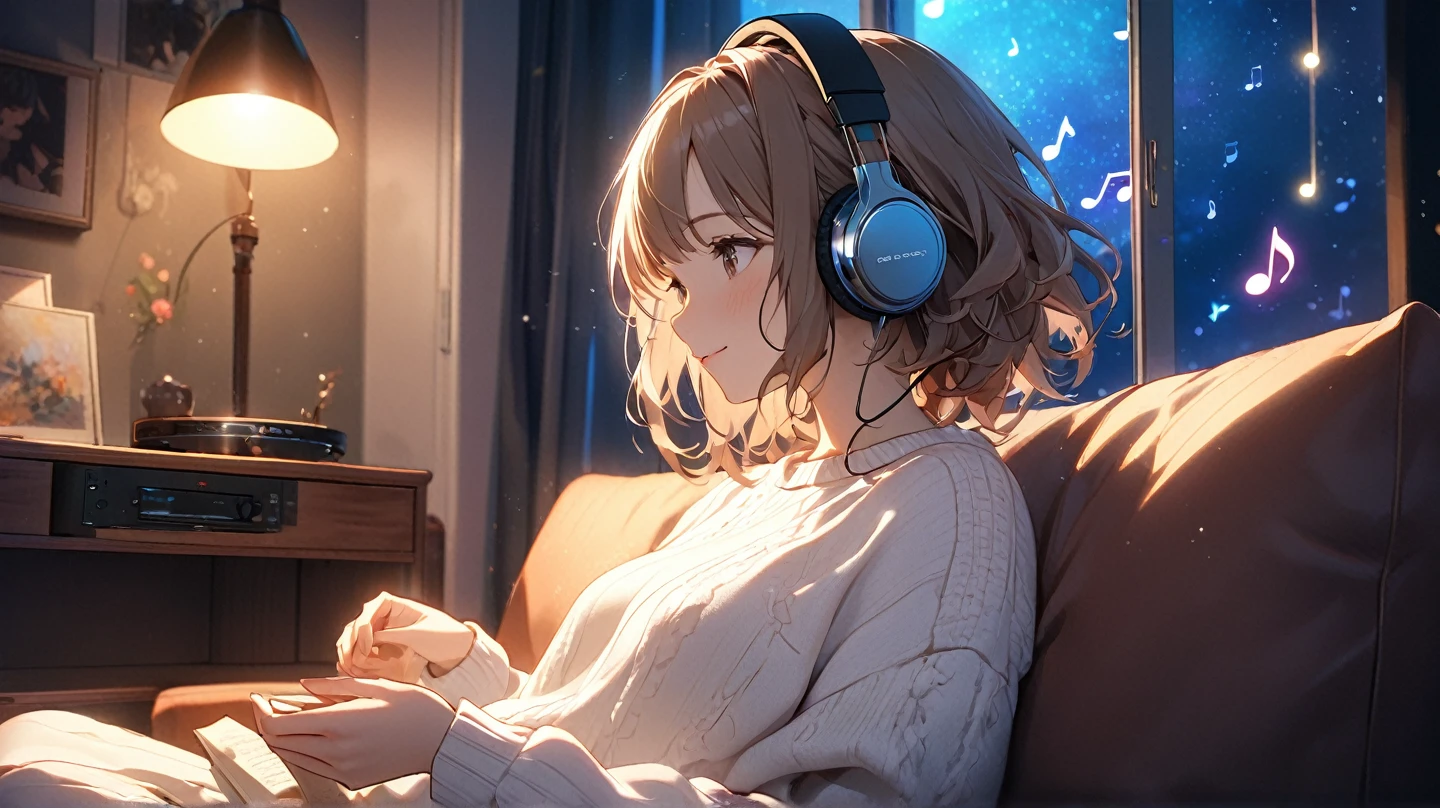 (masterpiece: 1.3,  highest resolution,  top quality , 8k,  depth of field , 8k,  Very Delicate Illustration ,  PERFECT DETAIL),  perfect lighting, ( Very Cute Single Girl ),Side View, lightly wavy brown hair, Alone, Girl listening to music in her room at home,  simple room,  Rembrandt,  detailed body , white sweater,  happy expression, (Sit on the sofa:1.1,),   Neon Glare Around Her Headphones  , SONY MDR-CD900ST, Delicate hands,  Surrounding Her There Are Colorful Musical Note Marks ,  night sky light shining through a window ,  Night Light Illuminated Room , 