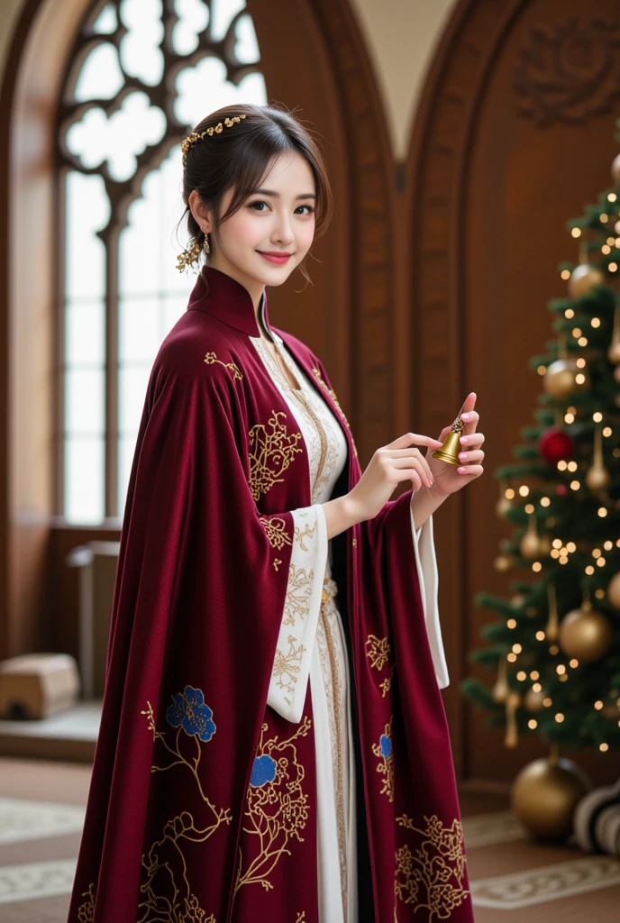 A beautiful Asian woman dressed in a deep wine-red cloak with intricate patterns of mystical plants and deep blue flowers, its hem adorned with golden embroidery, stands in a grand room with high ceilings and stunning stained glass windows. Beneath the cloak, she wears an elegant white dress shirt. She smiles gently while holding a small golden bell in one hand, softly ringing it. In the background, on the right side of the scene, a beautifully decorated Christmas tree adds a festive atmosphere.