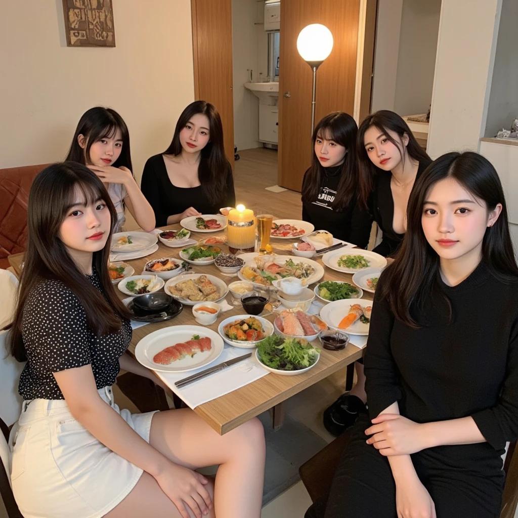 woman sitting at a table with plates of sushi and other food, Chiho, Harumi, sakimi-chan, shikamimi, sakimichan,  Shiori Teshirogi,  narumi kakinouchi , shinsui ito, Yoshitomo Nara, ayamin to whom, Aoi Ogata, Junko Enoshima, beautiful faces, big breasts, large breasts, Asian house party, lots of people around, lots of friends around, 11 friends together, sitting together, SFW, random faces, different faces, different colour clothing, Fancy clothing