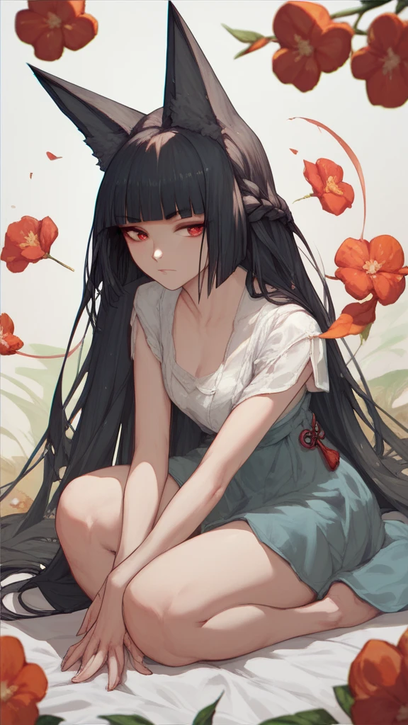 hoshimi, red eyes, black hair, very long hair, blunt bangs, braid, fox ears, cowgirl on knees 