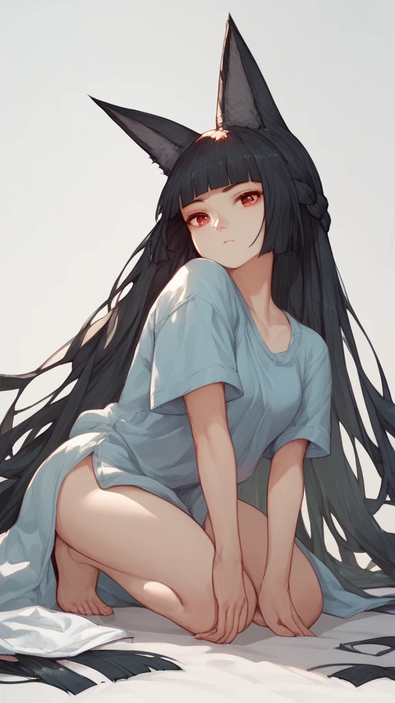 hoshimi, red eyes, black hair, very long hair, blunt bangs, braid, fox ears, cowgirl on knees 