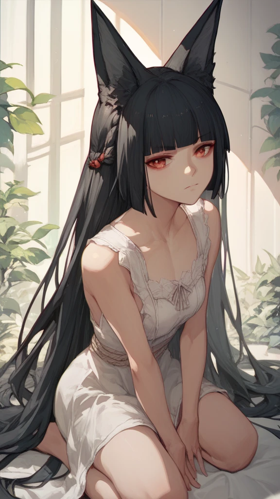 hoshimi, red eyes, black hair, very long hair, blunt bangs, braid, fox ears, cowgirl on knees 