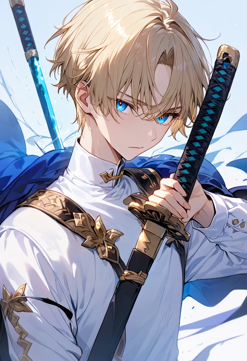 (masculine,male,boy), 20th, 1 male, absurdres, upper_body, hair_between_eyes, holding, holding_weapon, rune swords, white_shirt, harmony, undershirt, weapon, jewelry, cape, shirt, blue_cape, fate_(series), simple_background, gold, short_hair, black_hair, highres, fantasy, high res image, masterpiece, best quality, clear skin, shiny hair, ultra detailed eyes, dynamic angle, motion lines,