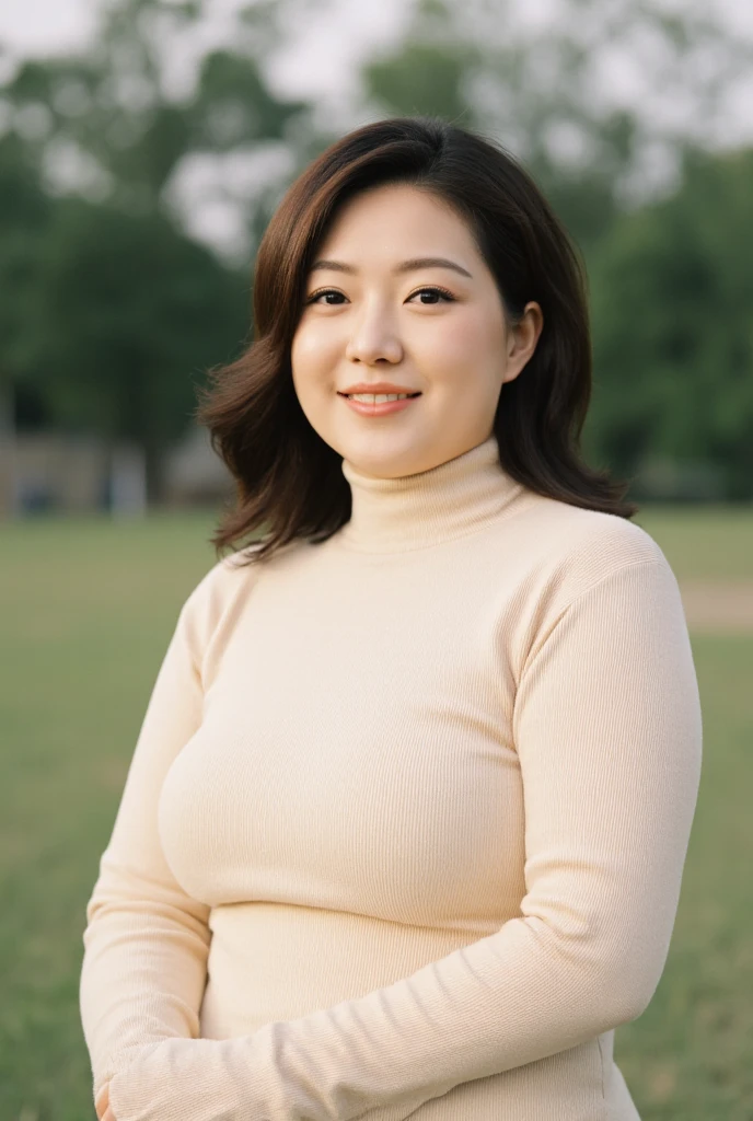 (8k, Highest quality, masterpiece, Golden ratio composition,:1.3, Panorama, Full body photo), (A plump 20 year old Japanese woman in the grass), (90kg obese), (Wearing a turtleneck sweater :1.2), (Feet close-up), (Smiling at the camera), (Almond-shaped eyes with long eyelashes), (Huge breasts), (topless), (Cropped trousers), (Wear work clothes), soft face line, Gentle and beautiful, (Silver short hair),