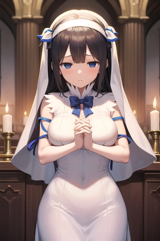 danmachi Hestia,  Hestia, praying, in the room,one girl praying, own hands clasped,((empty eyes)),((simple eyes)),priest,own hands together,nun