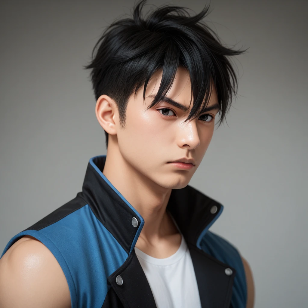 solo, 1boy, kawaki_bng, black hair, tone-tone hair, black eyes, jacket, sleeveless, shirt, upper body focus, scowl,