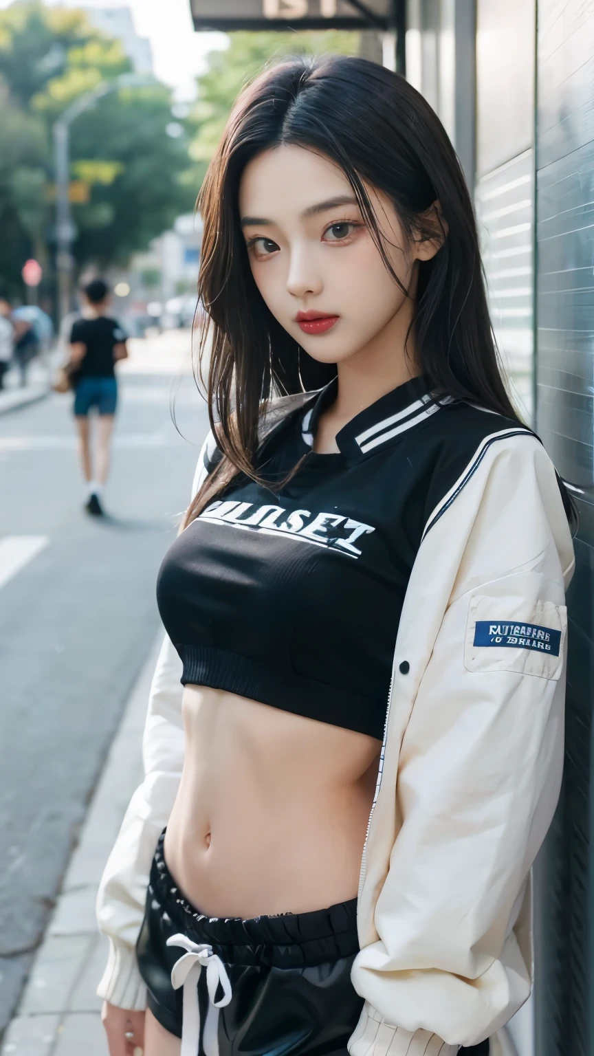 ((Masterpiece, high quality, ultra detailed, RAW Photo)), 1 young girl, Asia girl, Ruka Babymonster, long black hair, perfect eyes, (lying slikworm), wearing crop top and short pants, baseball jacket, sexy body, (navel), in front of the cafe shop, street vibes, random poses, (sixpack: 0.9) 