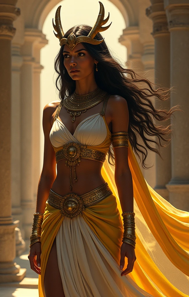 Greek goddess with long hair dark skin clothes from history