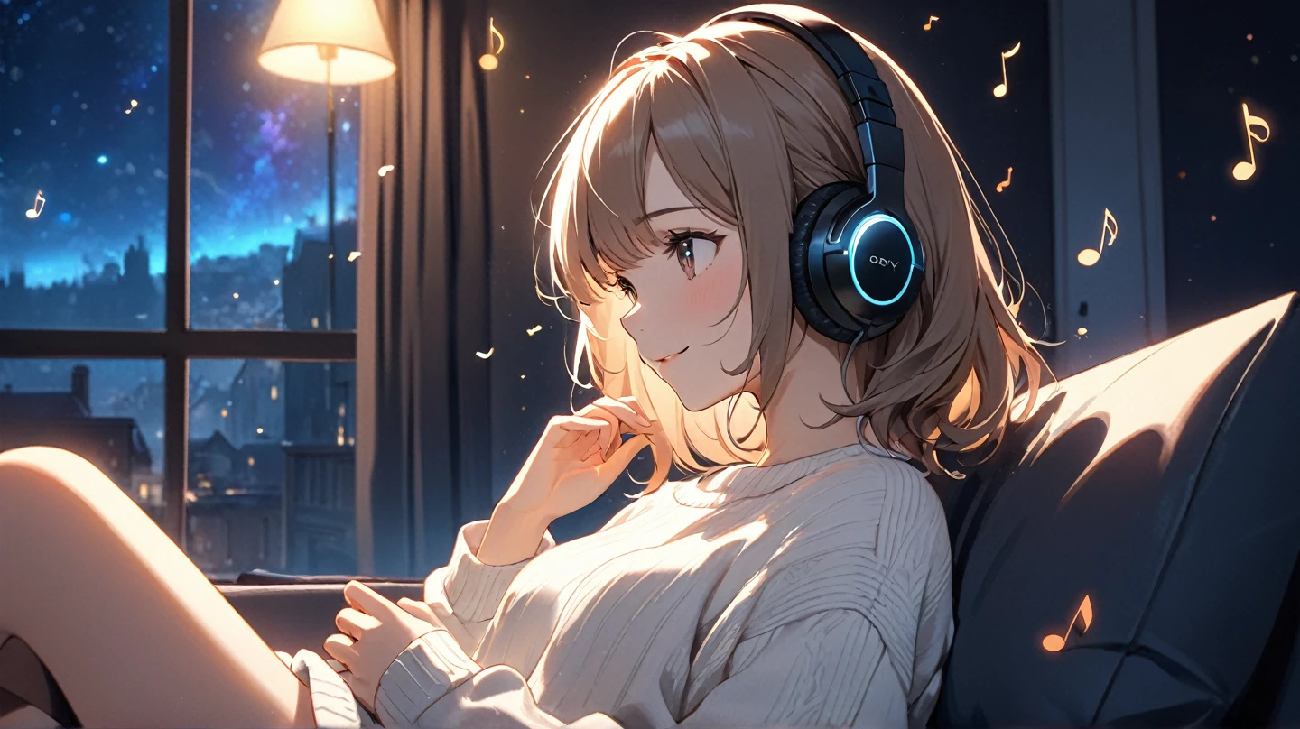 (masterpiece: 1.3,  highest resolution,  top quality , 8k,  depth of field , 8k,  Very Delicate Illustration ,  PERFECT DETAIL),  perfect lighting, ( Very Cute Single Girl ),Side View, lightly wavy brown hair, Alone, Girl listening to music in her room at home,  simple room,  Rembrandt,  detailed body , white sweater,  happy expression, (Sit on the sofa:1.1,),   Neon Glare Around Her Headphones  , SONY MDR-CD900ST, Delicate hands,  Surrounding Her There Are Colorful Musical Note Marks ,  night sky light shining through a window ,  Night Light Illuminated Room , 