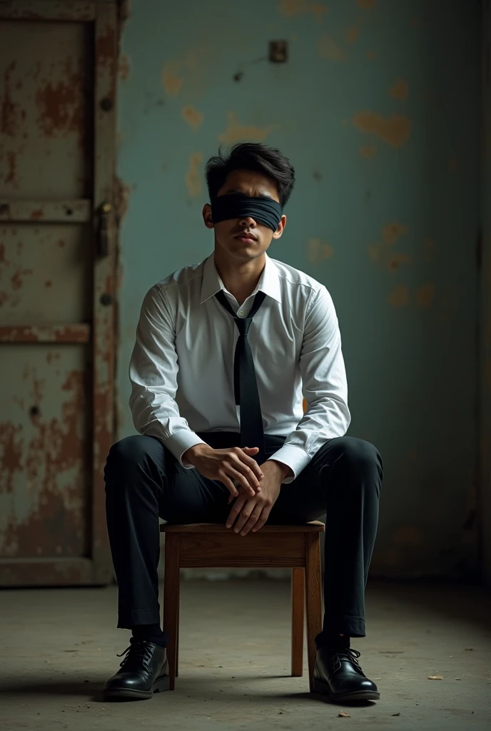 A Korean suit man tied up blindfold on chair penis