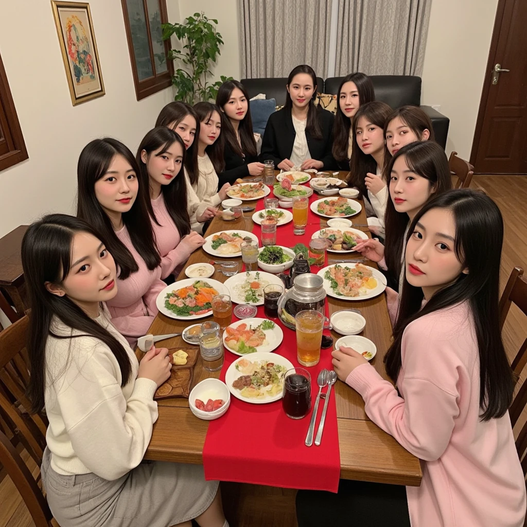 woman sitting at a table with plates of sushi and other food, Chiho, Harumi, sakimi-chan, shikamimi, sakimichan,  Shiori Teshirogi,  narumi kakinouchi , shinsui ito, Yoshitomo Nara, ayamin to whom, Aoi Ogata, Junko Enoshima, beautiful faces, big breasts, large breasts, Asian house party, lots of people around, lots of friends around, 11 friends together, sitting together, SFW, random faces, different faces, different colour clothing, Fancy clothing, fancy house,