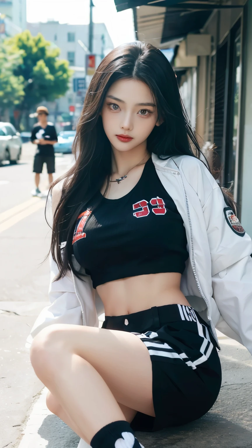 ((Masterpiece, high quality, ultra detailed, RAW Photo)), 1 young girl, Asia girl, Ruka Babymonster, long black hair, perfect eyes, (lying slikworm), wearing crop top and short pants, baseball jacket, sexy body, (navel), in front of the cafe shop, street vibes, random poses, (sixpack: 1.2) 