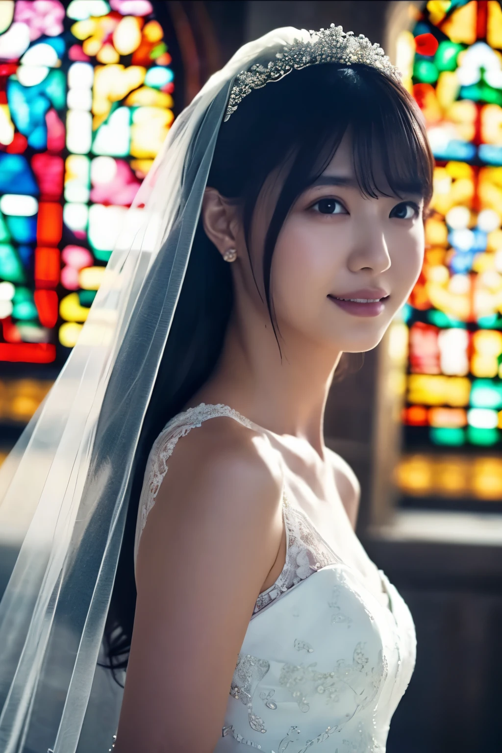 1 girl, ( wear a wedding dress:1.2), (Veil), very beautiful portrait of a Japanese idol,
( RAW photo, top quality ), ( realistic , realistic :1.4), (masterpiece),
so delicate and beautiful, very detailed, 2k wallpaper, wonderful, finely, very detailed CG Unity 8K wallpaper, very detailed, high res, Soft light,
girl with beautiful details, very detailed目と顔, Beautiful and Refined Nose, beautiful beautiful eyes under the sun, movie lighting,
(cathedral, stained glass),
Perfect Anatomy , slender body, small breasts, (A shy smile:0.8), whole body