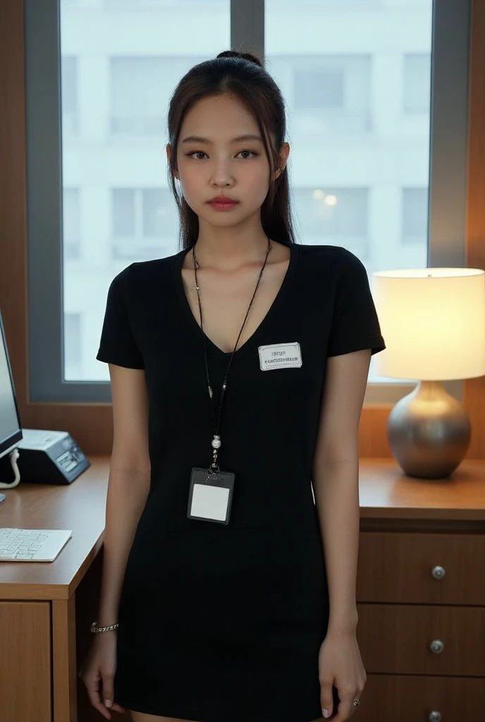 ( woman standing leaning forward in office with buttons open:1.3、Bow:1.3)、(Realistic、 as in the picture 、live-action、8k, Realistic,  RAW photo,  Max image  : 1.4),   SLR camera、 RAW photo,   best quality , Realistic,  very detailed CG Unity 8k wallpaper,  written boundary depth , Cinematic Light,  lens flare ,  ray tracing, Realistic background、(Wear a black t-shirt :1.8、( tight long skirt :1.5、 small breasts、A brassiere appears for an instant:1.1)、((Put a name tag around your neck)))、(( super dense skin ))、 Japanese office lady at work、((whole body:1.5))、smile、(pink inner color hair:1.5、 short ponytail :1.3)、 I like that style 、 perfect eye details 、 very detailed、 Attention to detail 、Perfect outfit、( tanned skin)、 beautiful legs:1.1， Anatomically Accurate Body 、Accurate Fingers、( Front View )