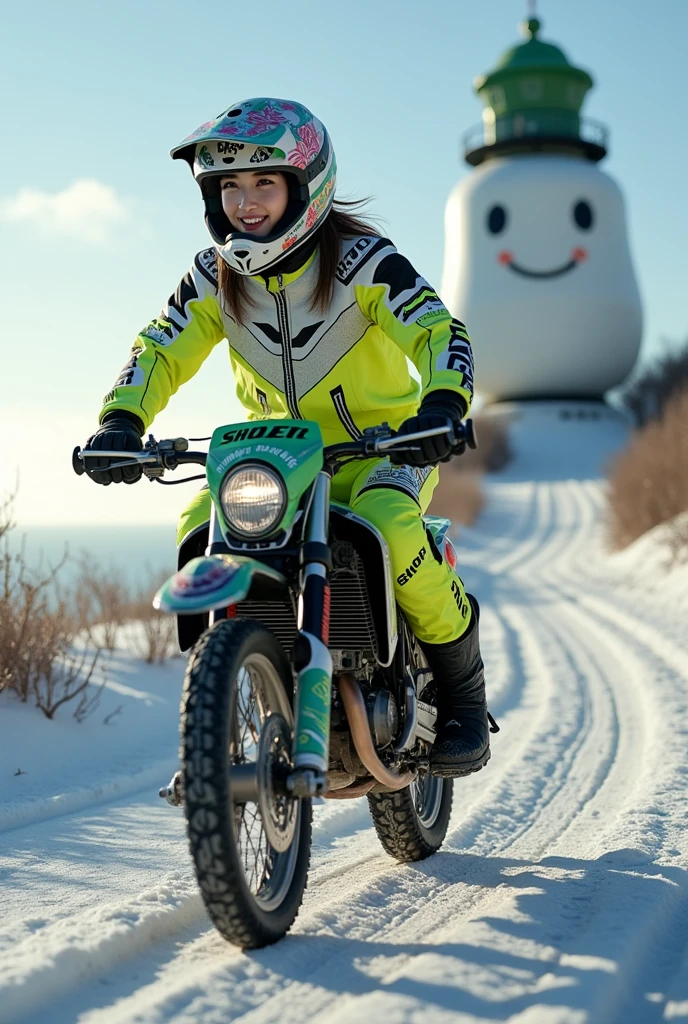 ultra-realistic, photorealistic, dramatic scene, shadow, global-illumination, solo, very beautiful Japanese woman, she is high school student but professional off-road motorcycle rider, She is riding a Kawasaki's off-road motorcycle, in front of the huge daikon radish shaped lighthouse on the cliff, at the snow covered dirt road, wearing a very cute fast-look neon patterned winter riding jacket with warm over pants, leather winter glove, loose fitting wears, wearing a fast-look patterned SHOEI full-face off-road-helmet with a transparent visor, beautiful detailed her eyes, the white daikon that printed on the side of her motorcycle is 1 daikon\(large, very cute white daikon radish character, very cute smiled face, detailed surface texture, chubby, medium-long, full body\), professional lighting, warm winter sunshine, she looks so happy, She shows exceptional skill in high-speed riding, (amazing view of ocean with a daikon radish painted lighthouse), lighthouse\(large, very cute white daikon radish character, very cute smiled face, chubby, medium-long, full body, small hands\), (shoot from below)