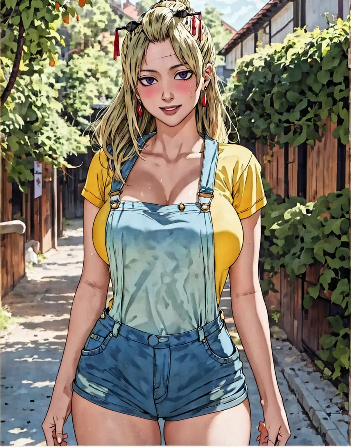 ((((masterpiece, best quality, high resolution)))), full body, Extremely detailed 8K, tsukuyo from gintama, Beautiful girl with voluptuous body, (Ultra HD, Ultra-detailed, Highly detailed, Highly realistic, Ultra-realistic, photograph realistic), (1girl:1.5), (Realistic blonde hair), (long wavy ponytail hair, earrings), (dynamic poses), facing at camera, looking at viewer, (blushing red, embarrassed, smile), (purple eyes, sharp eyes), (huge perky breasts:1.3), (beautiful detailed face, beautiful detailed eyes), (yellow t-shirt), ((blue denim short overalls )), (standing up), sweat, glow, (sunbeam, sunlight), ((cowboy shot)), seductive, tall, beautiful delicate legs, accurate human anatomy, feminine body, at a bedroom