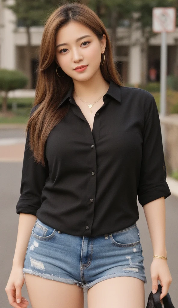 1girl,solo,medium breasts,(full body:0.8), (casual shirt:1.3), black hair, denim shorts, black shirt
best quality, masterpiece, an extremely delicate and beautiful, CG, unity, 8k wallpaper, Amazing, finely detail, extremely detailed CG unity 8k wallpaper, ultra-detailed, highres, extremely detailed, beautiful detailed,
(looking at viewer),