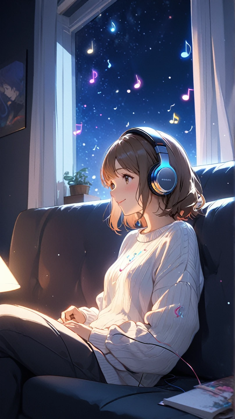 (masterpiece: 1.3,  highest resolution,  top quality , 8k,  depth of field , 8k,  Very Delicate Illustration ,  PERFECT DETAIL),  perfect lighting, ( Very Cute Single Girl ),Side View, lightly wavy brown hair, Alone, Girl listening to music in her room at home,  simple room,  Rembrandt,  detailed body , white sweater,  happy expression, (Sit on the sofa:1.1,),   Neon Glare Around Her Headphones  , SONY MDR-CD900ST, Delicate hands,  Surrounding Her There Are Colorful Musical Note Marks ,  night sky light shining through a window ,  Night Light Illuminated Room , 