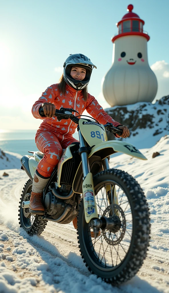 ultra-realistic, photorealistic, dramatic scene, shadow, global-illumination, solo, very beautiful Japanese woman, she is high school student but professional off-road motorcycle rider, She is riding a Kawasaki's off-road motorcycle, in front of the huge daikon radish shaped lighthouse on the cliff, at the snow covered dirt road, wearing a very cute fast-look neon patterned winter riding jacket with warm over pants, leather winter glove, loose fitting wears, wearing a fast-look patterned SHOEI full-face off-road-helmet with a transparent visor, beautiful detailed her eyes, the white daikon that printed on the side of her motorcycle is 1 daikon\(large, very cute white daikon radish character, very cute smiled face, detailed surface texture, chubby, medium-long, full body\), professional lighting, warm winter sunshine, she looks so happy, She shows exceptional skill in high-speed riding, (amazing view of ocean with a daikon radish painted lighthouse), lighthouse\(large, very cute white daikon radish character, very cute smiled face, chubby, medium-long, full body, small hands\), (shoot from below)