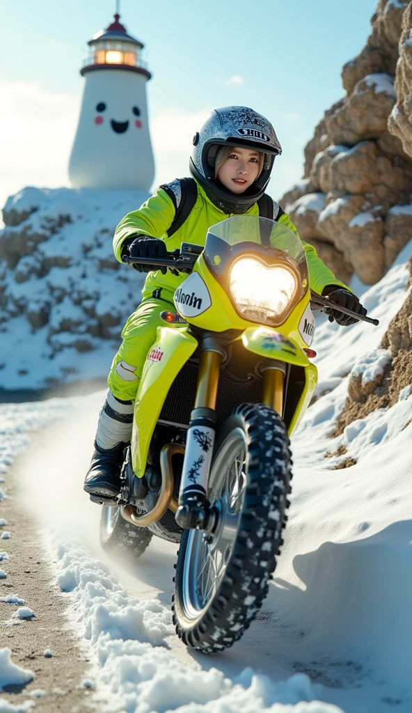 ultra-realistic, photorealistic, dramatic scene, shadow, global-illumination, solo, very beautiful Japanese woman, she is high school student but professional off-road motorcycle rider, She is riding a Kawasaki's off-road motorcycle, in front of the huge daikon radish shaped lighthouse on the cliff, at the snow covered dirt road, wearing a very cute fast-look neon patterned winter riding jacket with warm over pants, leather winter glove, loose fitting wears, wearing a fast-look patterned SHOEI full-face off-road-helmet with a transparent visor, beautiful detailed her eyes, the white daikon that printed on the side of her motorcycle is 1 daikon\(large, very cute white daikon radish character, very cute smiled face, detailed surface texture, chubby, medium-long, full body\), professional lighting, warm winter sunshine, she looks so happy, She shows exceptional skill in high-speed riding, (amazing view of ocean with a daikon radish painted lighthouse), lighthouse\(large, very cute white daikon radish character, very cute smiled face, chubby, medium-long, full body, small hands\), (shoot from below)