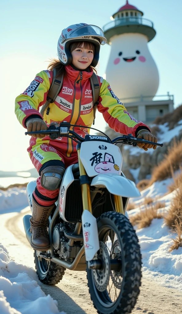 ultra-realistic, photorealistic, dramatic scene, shadow, global-illumination, solo, very beautiful Japanese woman, she is high school student but professional off-road motorcycle rider, She is riding a Kawasaki's off-road motorcycle, in front of the huge daikon radish shaped lighthouse on the cliff, at the snow covered dirt road, wearing a very cute fast-look neon patterned winter riding jacket with warm over pants, leather winter glove, loose fitting wears, wearing a fast-look patterned SHOEI full-face off-road-helmet with a transparent visor, beautiful detailed her eyes, the white daikon that printed on the side of her motorcycle is 1 daikon\(large, very cute white daikon radish character, very cute smiled face, detailed surface texture, chubby, medium-long, full body\), professional lighting, warm winter sunshine, she looks so happy, She shows exceptional skill in high-speed riding, (amazing view of ocean with a daikon radish painted lighthouse), lighthouse\(large, very cute white daikon radish character, very cute smiled face, chubby, medium-long, full body, small hands\), (shoot from below)