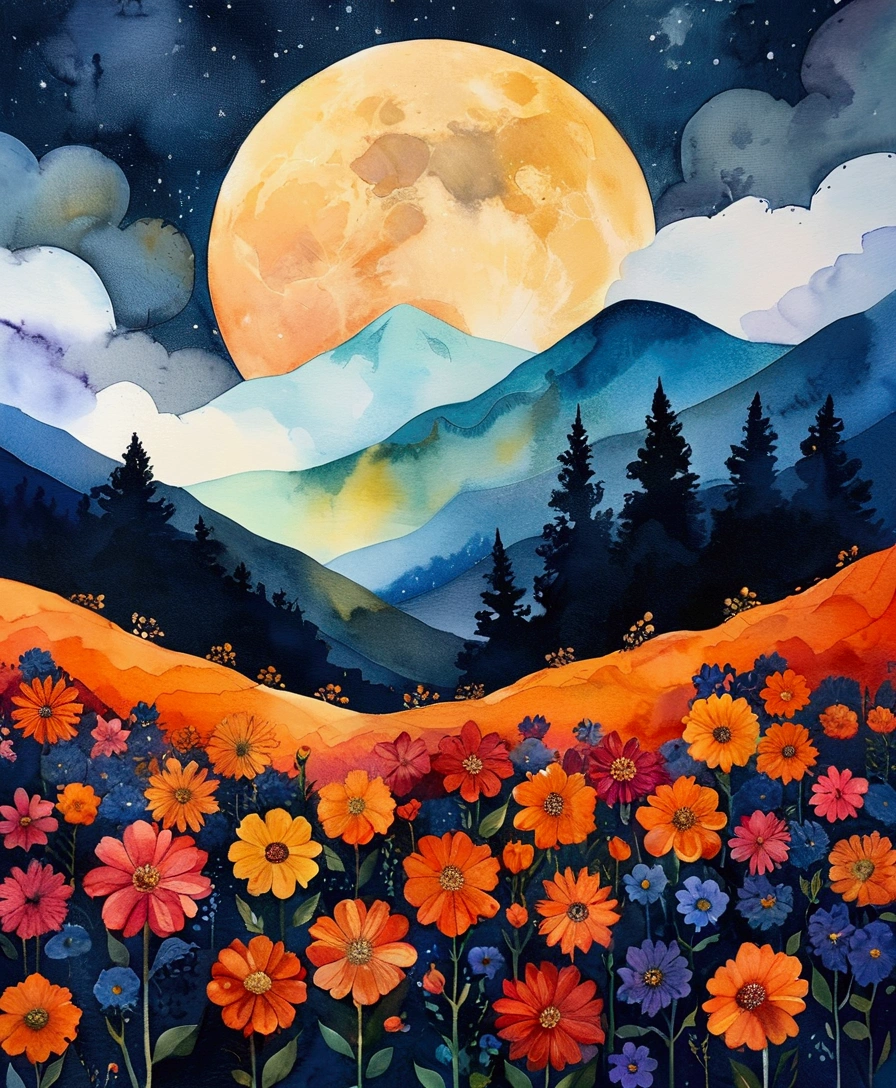 Top quality, high resolution, best composition, lake landscape with sunset over mountain ridge, watercolor landscape, big sunset, moon in the sky, moon in background, intense watercolor painting, magnificent red-orange moonlight, moody painting, beautiful natural scenery. Close-up of a group of flowers in a painting, warm and vibrant colors, vivid and rich shades, abstract colors, vivid and expressive colors, rich vibrant colors, shining rich colors, beautiful vibrant colors, vibrant colors, vibrant colors, abstract colors, colorful art, vibrant reddish shades, rich vivid vibrant colors.