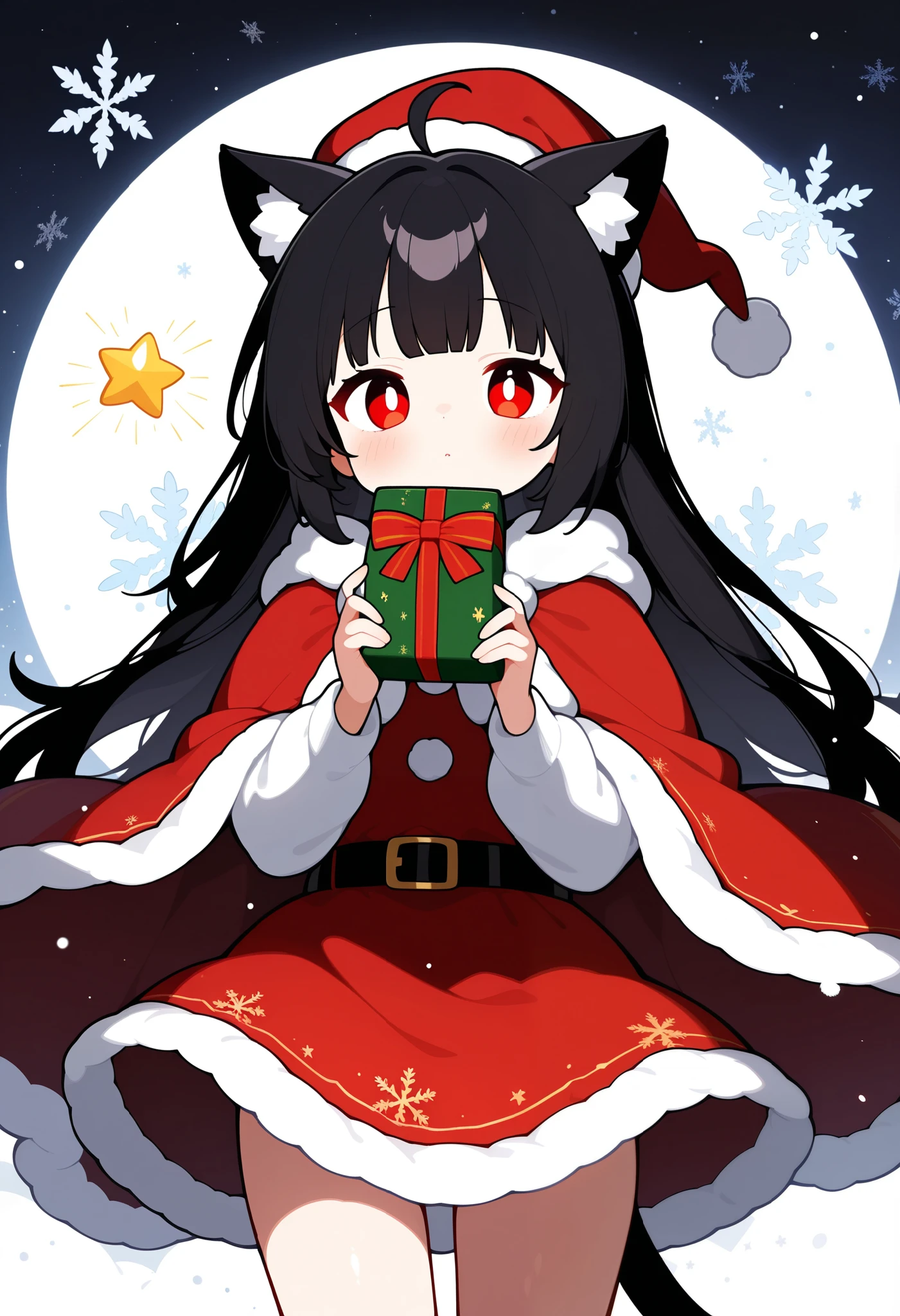 score_9, score_8_up, score_7_up, score_6_up, score_5_up, score_4_up, source_Anime, (Anime), (Front View), 1 girl in uniform, junkotvvxl, Alone, red eyes, black hair, long hair, cat ears , Ahoge, straight bangs, Wool hat, Red sundress, red cloak, holding a star , Holding a gift box, Christmas theme , snowflake background