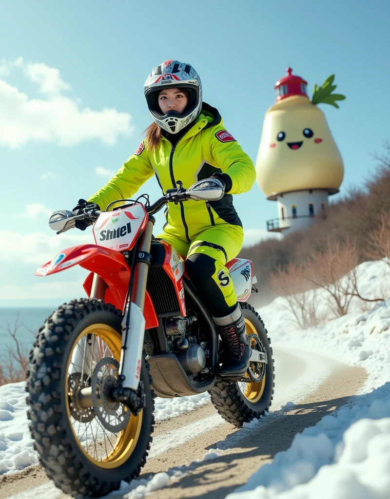 ultra-realistic, photorealistic, dramatic scene, shadow, global-illumination, solo, very beautiful Japanese woman, she is high school student but professional off-road motorcycle rider, She is riding a Kawasaki's off-road motorcycle, in front of the huge daikon radish shaped lighthouse on the cliff, at the snow covered dirt road, wearing a very cute fast-look neon patterned winter riding jacket with warm over pants, leather winter glove, loose fitting wears, wearing a fast-look patterned SHOEI full-face off-road-helmet with a transparent visor, beautiful detailed her eyes, the white daikon that printed on the side of her motorcycle is 1 daikon\(large, very cute white daikon radish character, very cute smiled face, detailed surface texture, chubby, medium-long, full body\), professional lighting, warm winter sunshine, she looks so happy, She shows exceptional skill in high-speed riding, (amazing view of ocean with a daikon radish painted lighthouse), lighthouse\(large, very cute white daikon radish character, very cute smiled face, chubby, medium-long, full body, small hands\), (shoot from below)