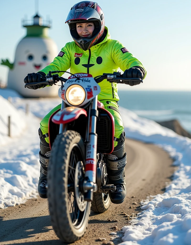 ultra-realistic, photorealistic, dramatic scene, shadow, global-illumination, solo, very beautiful Japanese woman, she is high school student but professional off-road motorcycle rider, She is riding a Kawasaki's off-road motorcycle, in front of the huge daikon radish shaped lighthouse on the cliff, at the snow covered dirt road, wearing a very cute fast-look neon patterned winter riding jacket with warm over pants, leather winter glove, loose fitting wears, wearing a fast-look patterned SHOEI full-face off-road-helmet with a transparent visor, beautiful detailed her eyes, the white daikon that printed on the side of her motorcycle is 1 daikon\(large, very cute white daikon radish character, very cute smiled face, detailed surface texture, chubby, medium-long, full body\), professional lighting, warm winter sunshine, she looks so happy, She shows exceptional skill in high-speed riding, (amazing view of ocean with a daikon radish painted lighthouse), lighthouse\(large, very cute white daikon radish character, very cute smiled face, chubby, medium-long, full body, small hands\), (shoot from below)